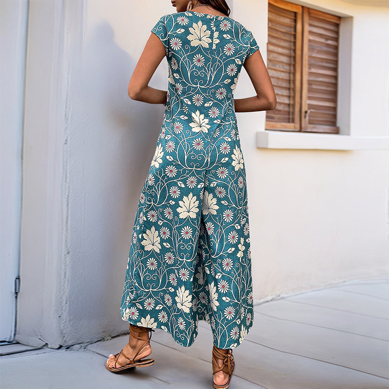 Women's jumpsuit with floral design and chestnut brown tie belt, size