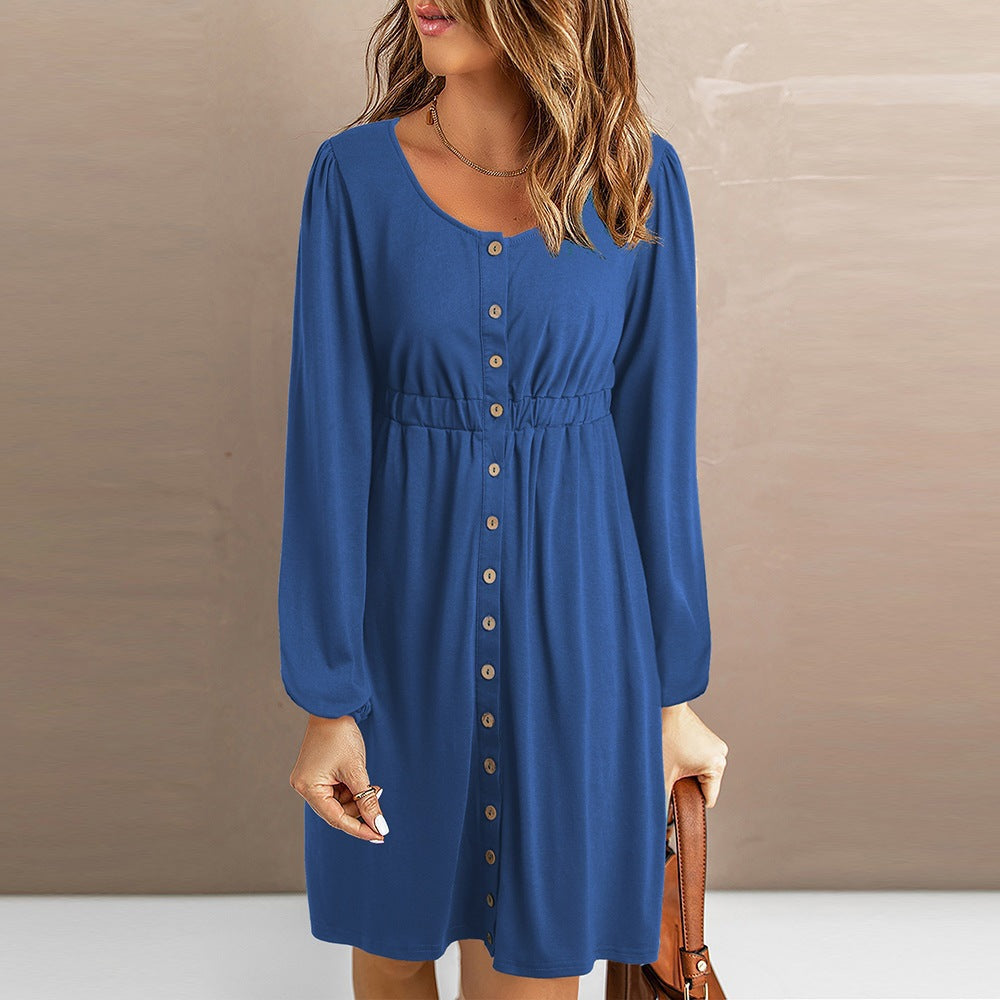 Women's knee-length dress with button details and elasticated waist, size [size]
