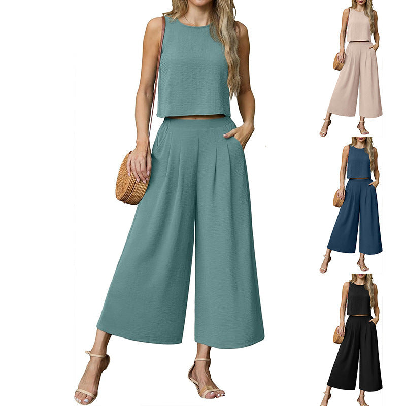 Women's airy two-piece set with wide-leg trousers and sleeveless top, size [size]
