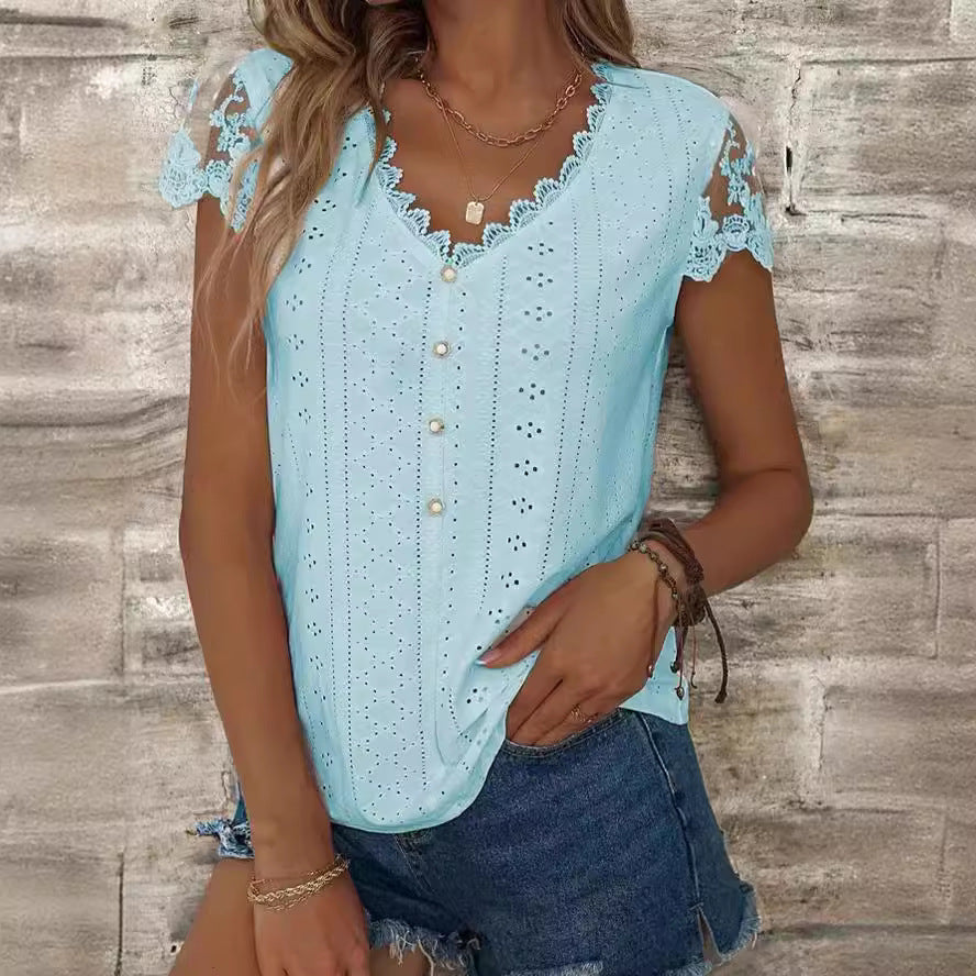 Women's blouse with romantic ruffles and unique eyelet embroidery, size