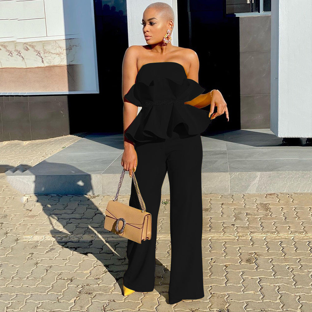 Women's jumpsuit with voluminous ruffle design and off-the-shoulder top, size