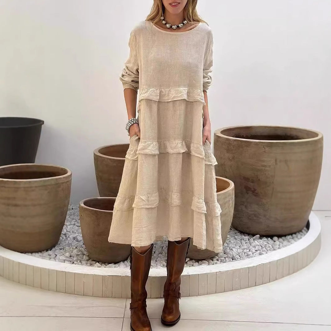Valenzora | Ruffled round neck long-sleeved dress