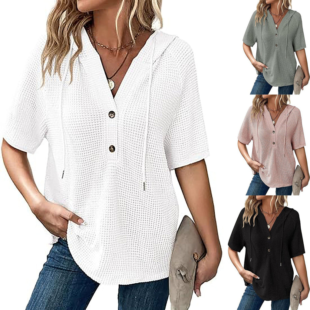 Women's casual hooded blouse with button closures