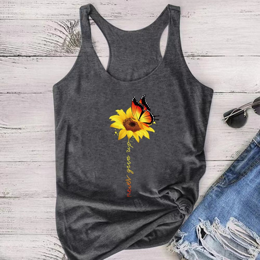 Women's sleeveless graphic top with trendy insect motif, size