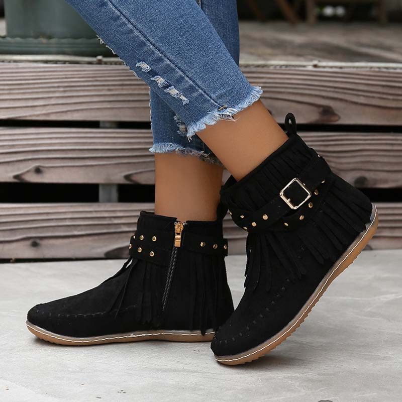 Valenzora | Boho-Stiefeletten mit Fransen und Schnallen für Damen