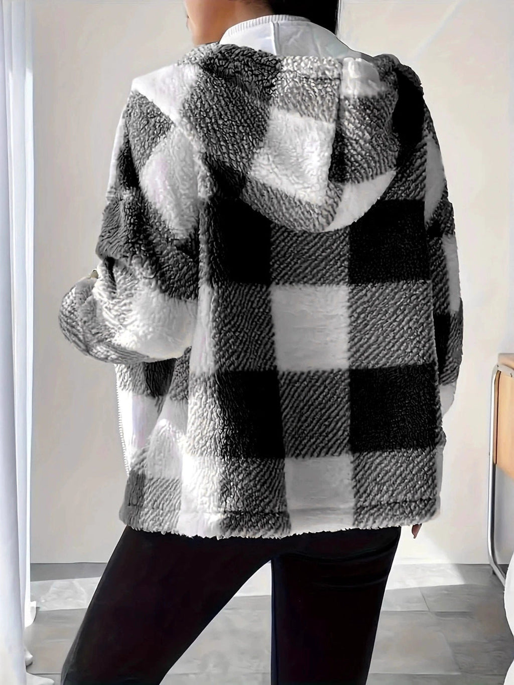 Valenzora | Checkered Teddy Hoodie Jacket | Warm and comfortable for winter