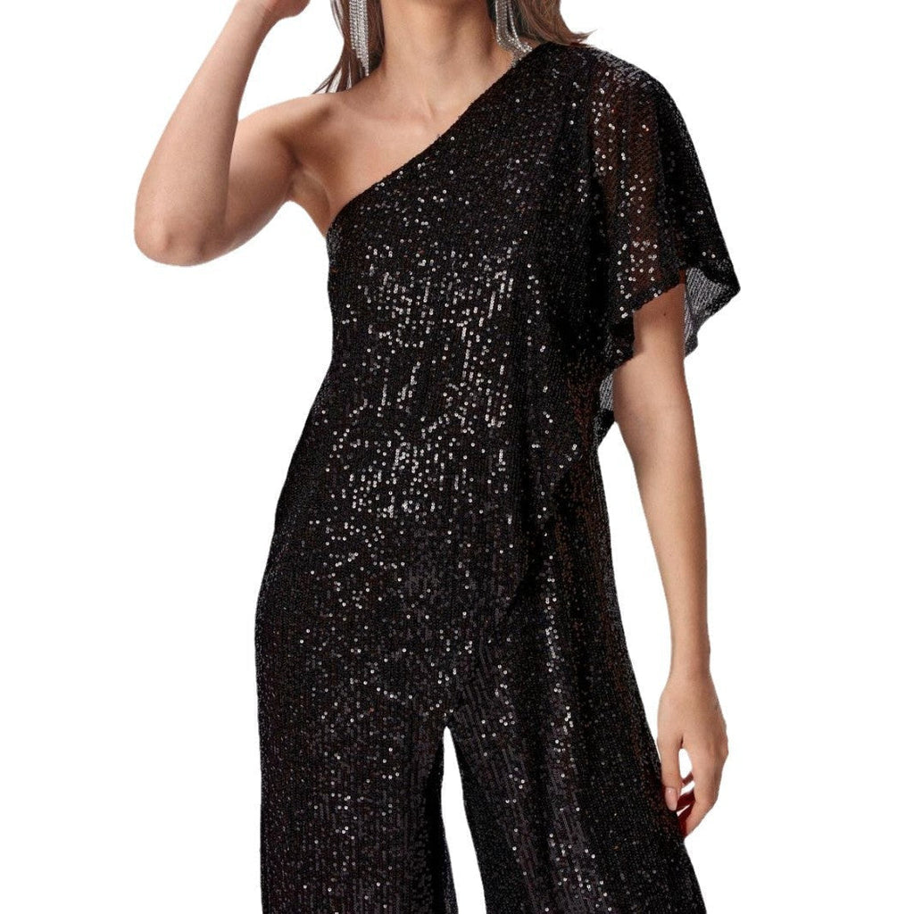 Women's One-Sided Sequin Jumpsuit with Wide-Leg Trousers, Size