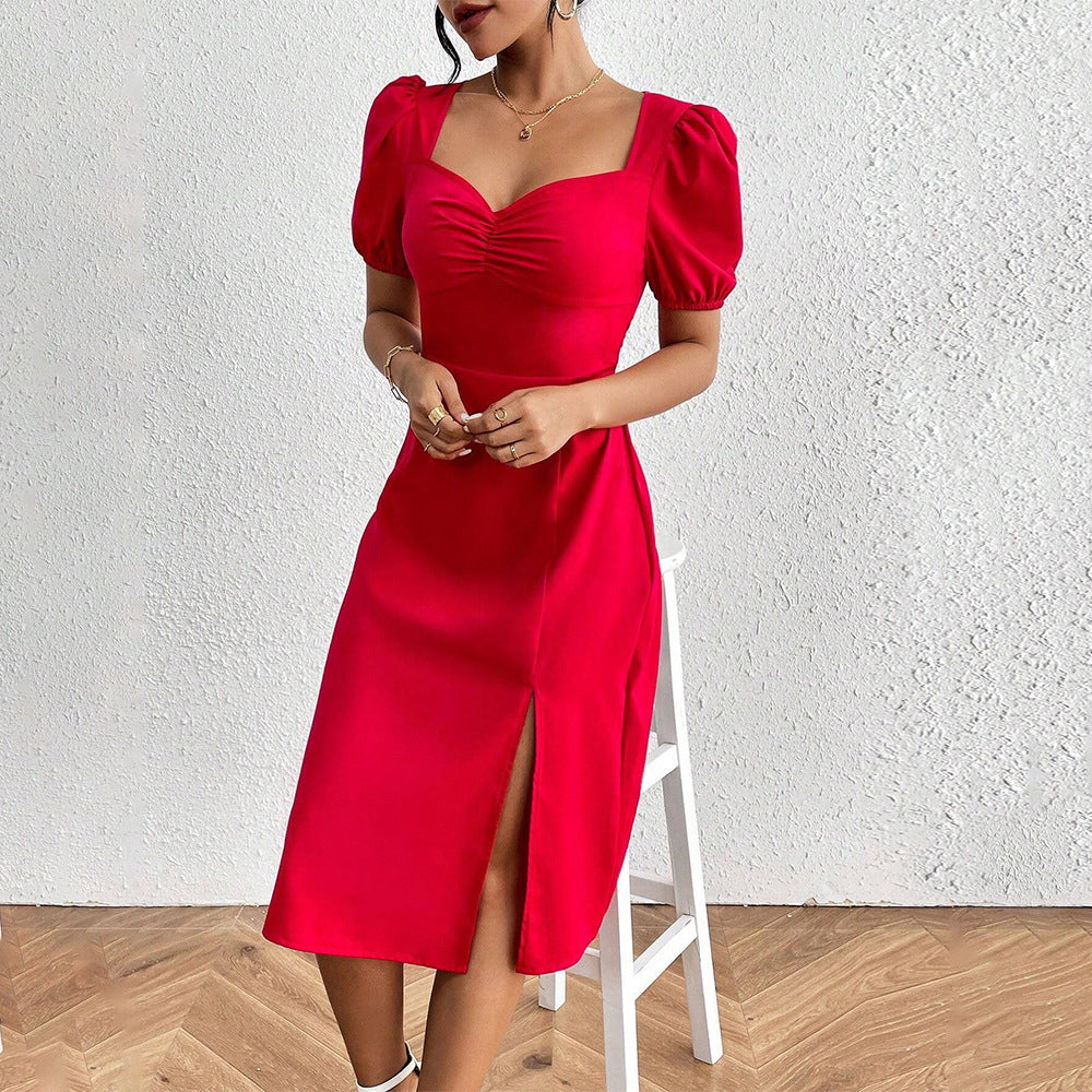 Women's midi dress with puff sleeves and sophisticated ruffle detail, size Valenzora