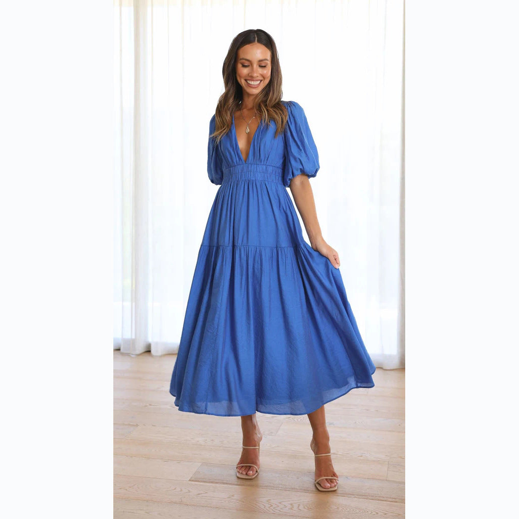 Valenzora | Lässige Trends Sommer V-Ausschnitt Figurbetontes Taillenkleid Midilänge