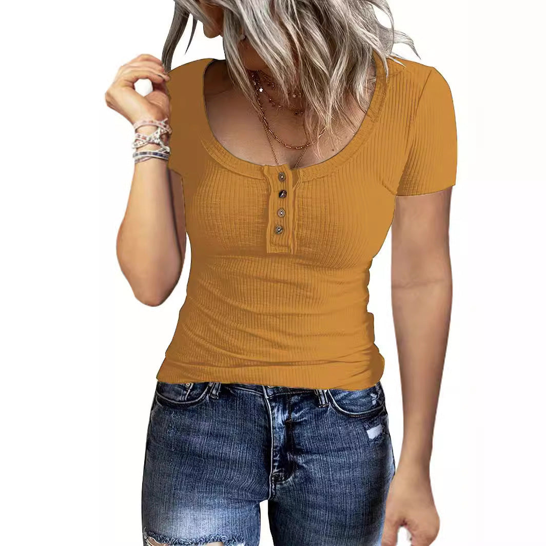 Women's short-sleeved shirt with button placket and ribbed texture, size