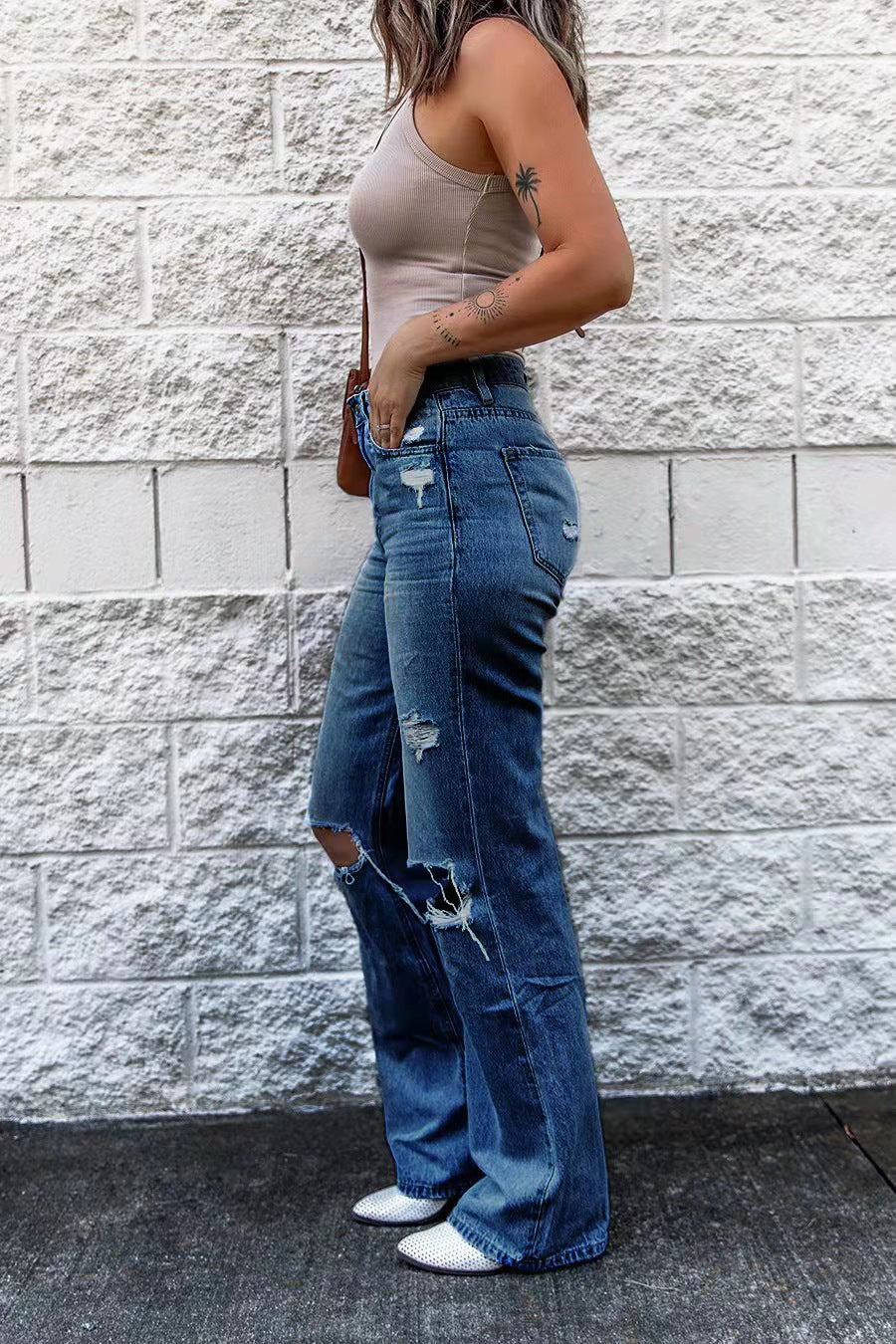 Valenzora | Damen High Waist Ripped Wide Leg Jeans