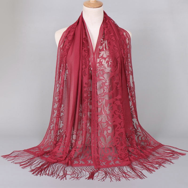 Women's long lace scarf with fringed edges, size