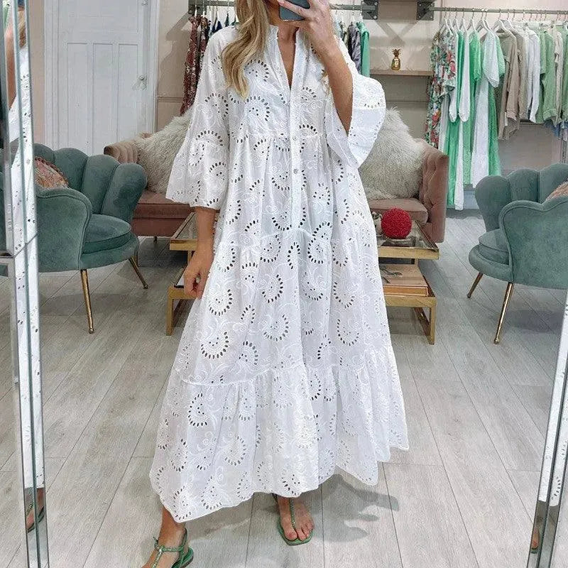 Valenzora | Women's full-length V-neck dress in French style