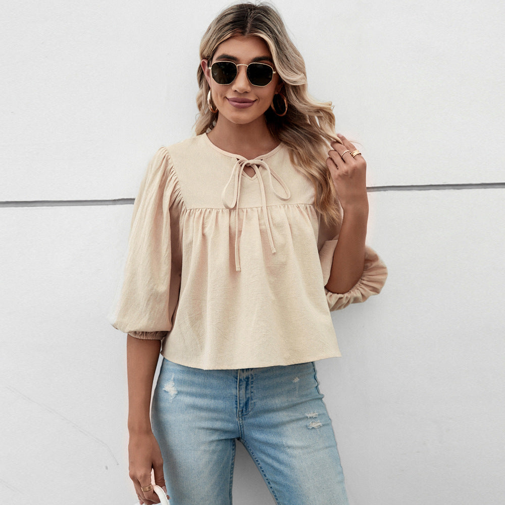 Damen Blusenshirt mit eleganten Puffärmeln und schickem Kordelzug, Größe