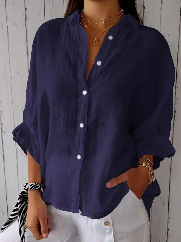Women's casual linen blouse with button placket and side pockets, size