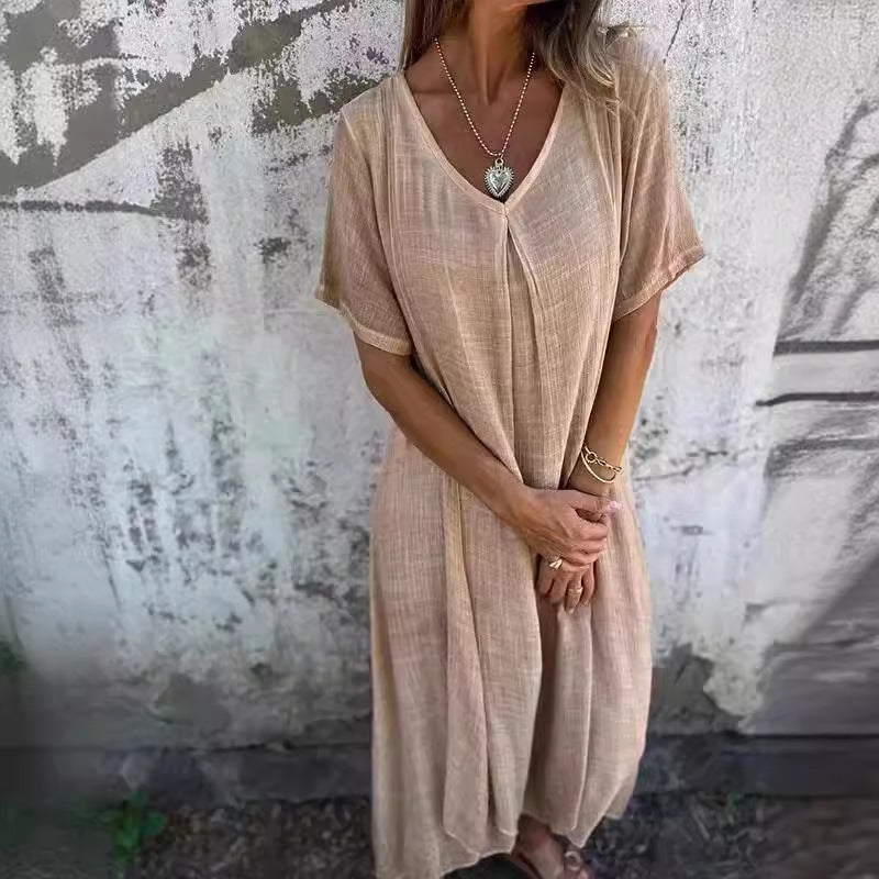 Damen Freizeit-Midikleid mit V-Ausschnitt und weiten Glockenärmeln, Größe