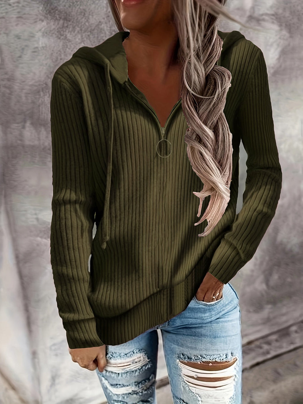 Damen-Kapuzenjacke mit Reißverschluss und lässigem Rippstrick-Design, Größe S