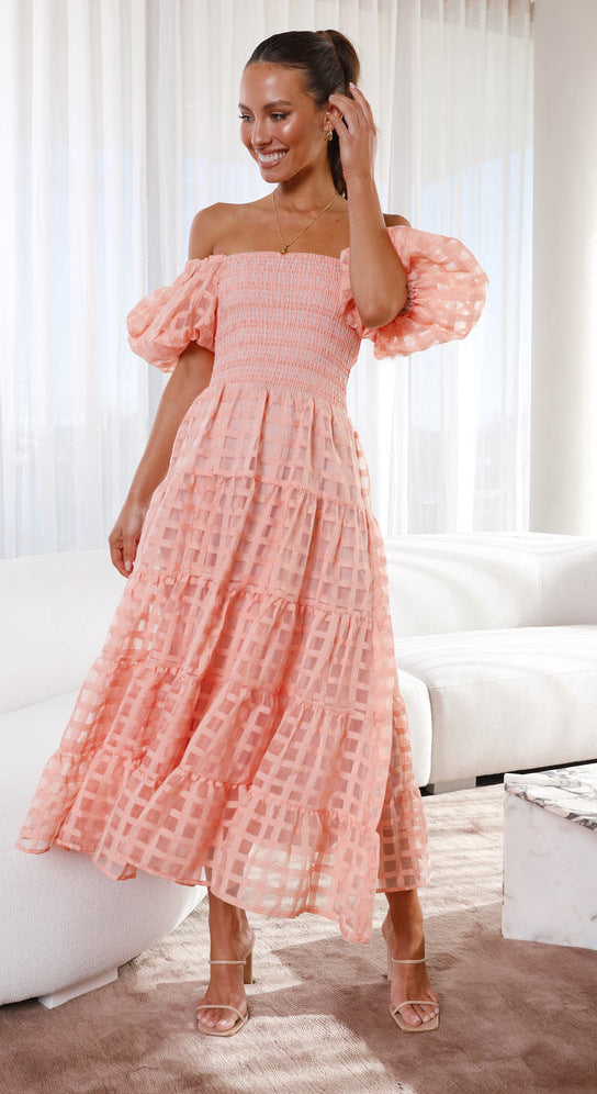 Valenzora | Women's dress with a single neck, lantern sleeves, layered seams