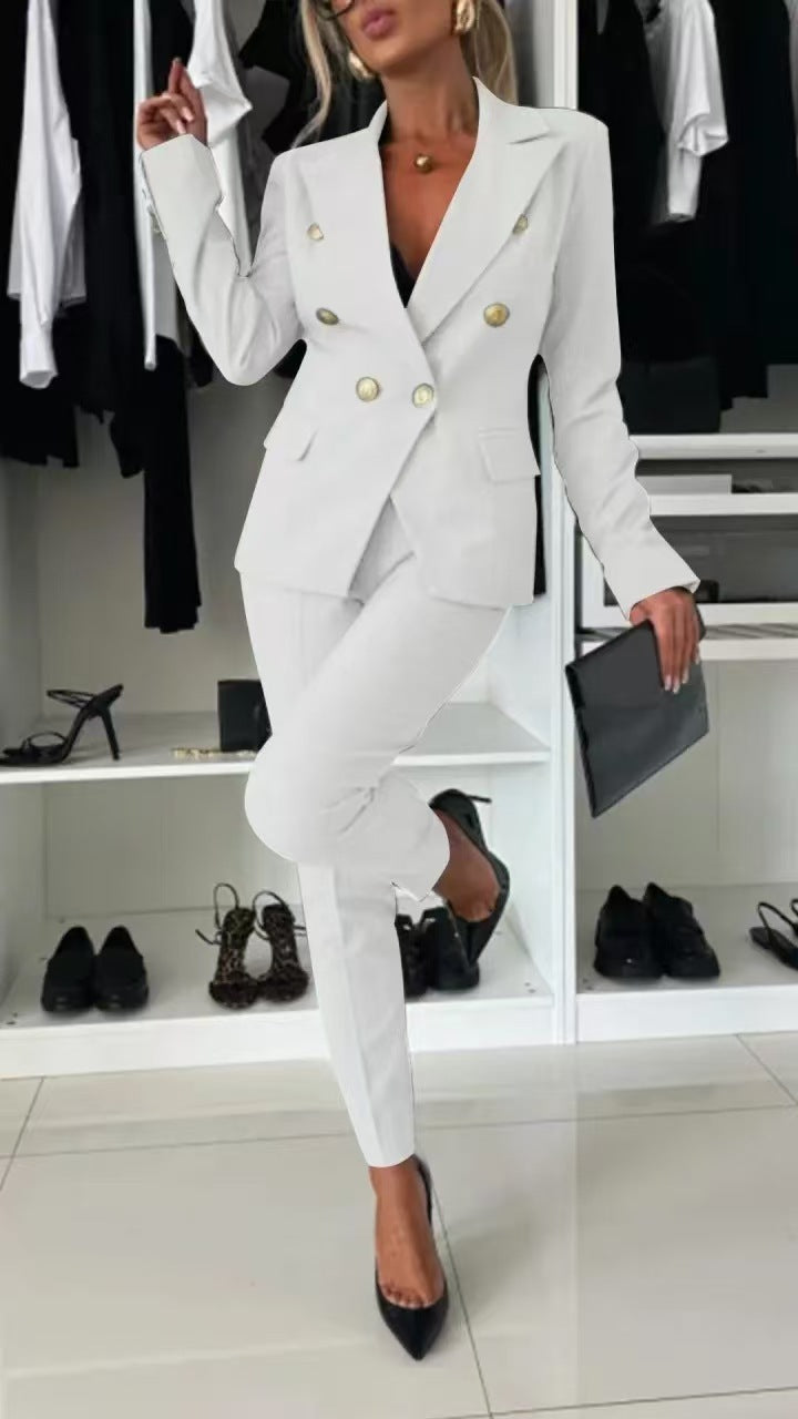 Women's elegant business suit set with double button placket and slim fit, size