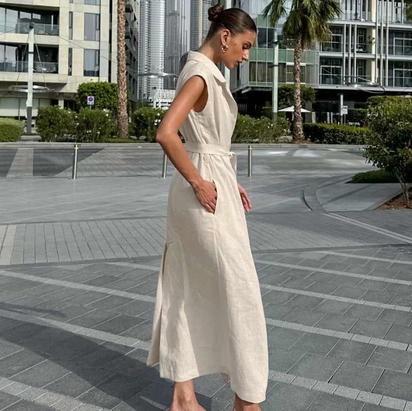 Valenzora | Langes Kleid Baumwoll-Leinen-Mix Hohe Taille Wickeldesign Ärmellos Kragen