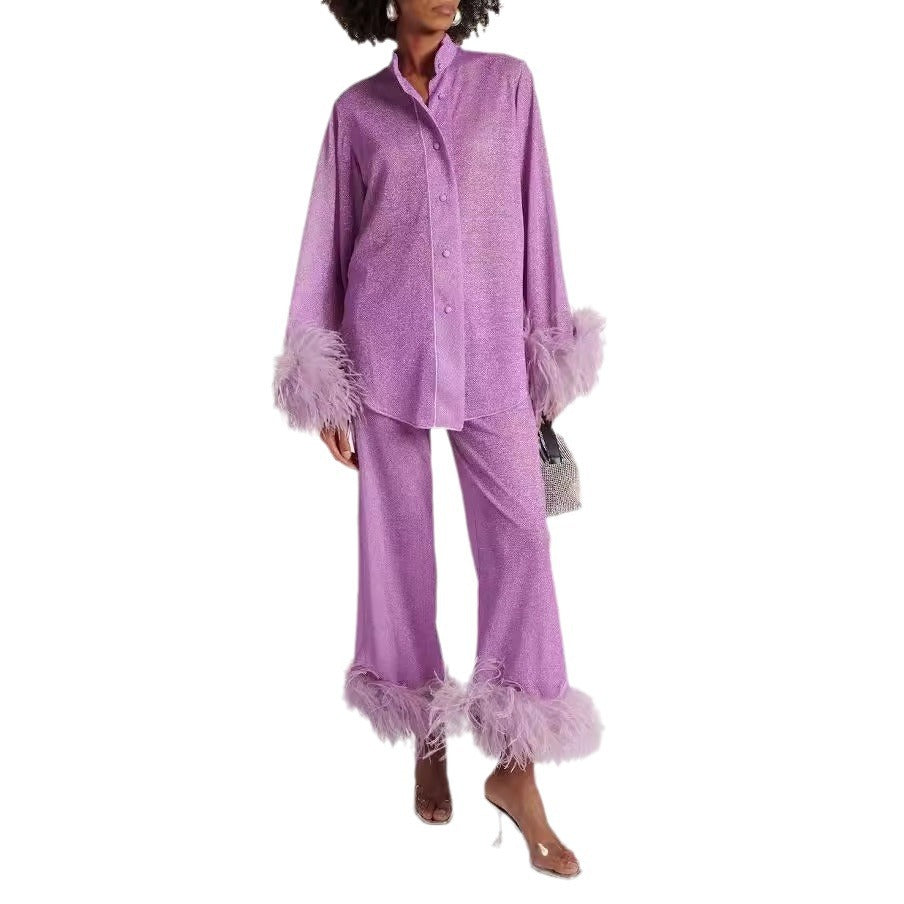 Valenzora | Autumn Winter Feather Stand-up Collar Long Sleeve Top and Trousers Set
