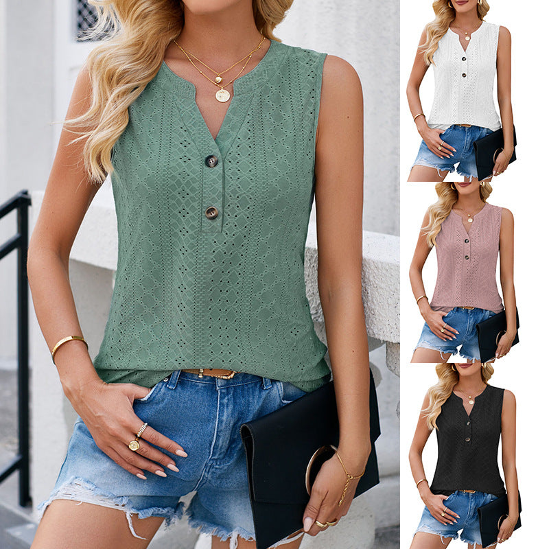 Women's sleeveless blouse with decorative openwork pattern and button placket, size [size missing]