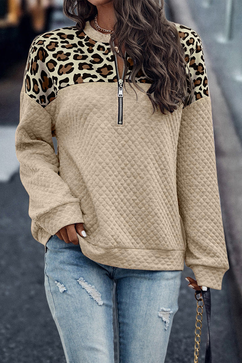 Large leopard print patchwork zip-up pullover sweatshirt