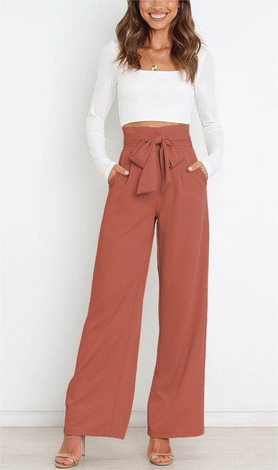 Women's elegant wide-leg trousers with waist belt, size