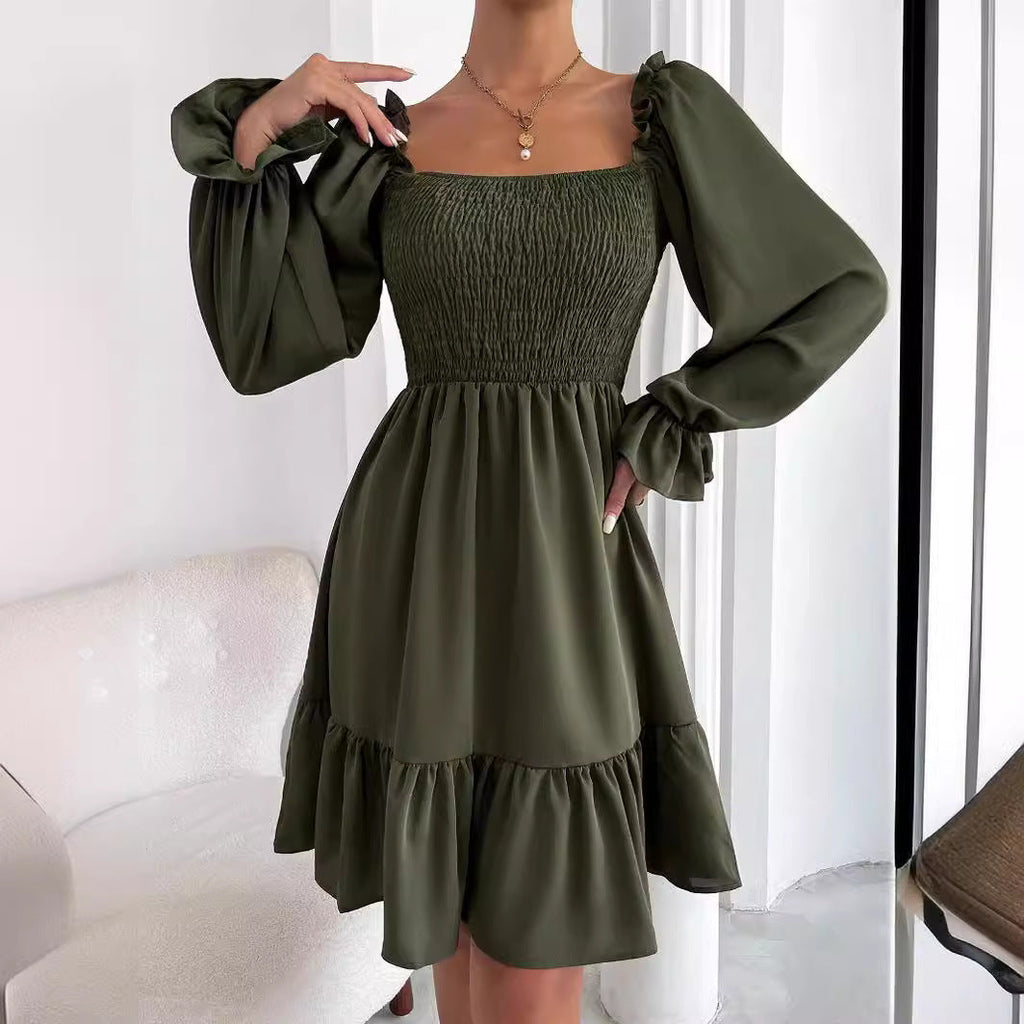 Women's fitted mini dress with voluminous ruffled sleeves and square neck, size S