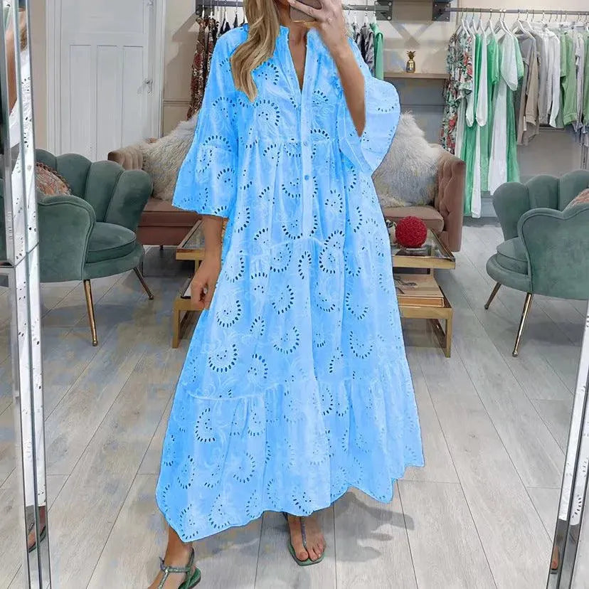 Valenzora | Women's full-length V-neck dress in French style