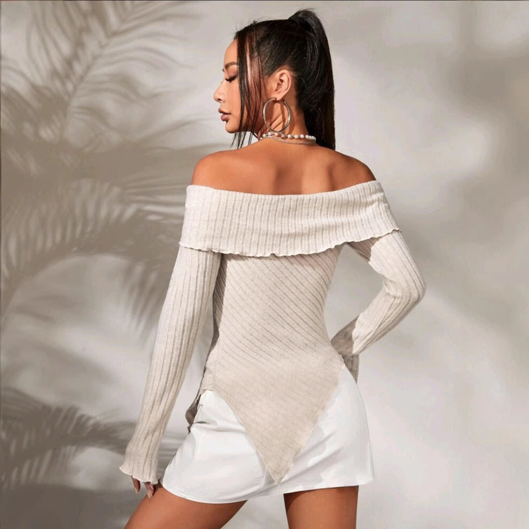 Women's off-the-shoulder ribbed knit top with asymmetrical hem and decorative details, size Valenzora