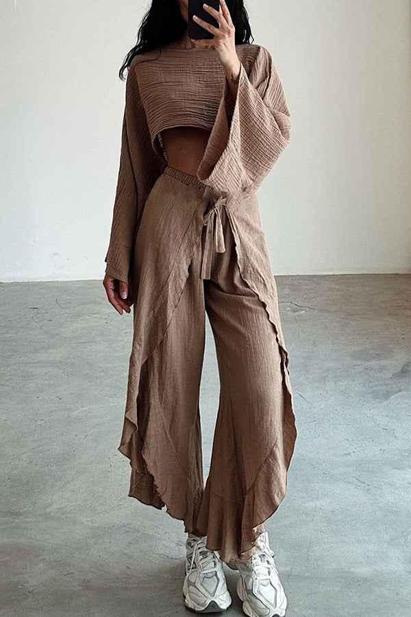 Women's Casual Two-Piece Set with Oversized Top and Wide-Leg Trousers, Size