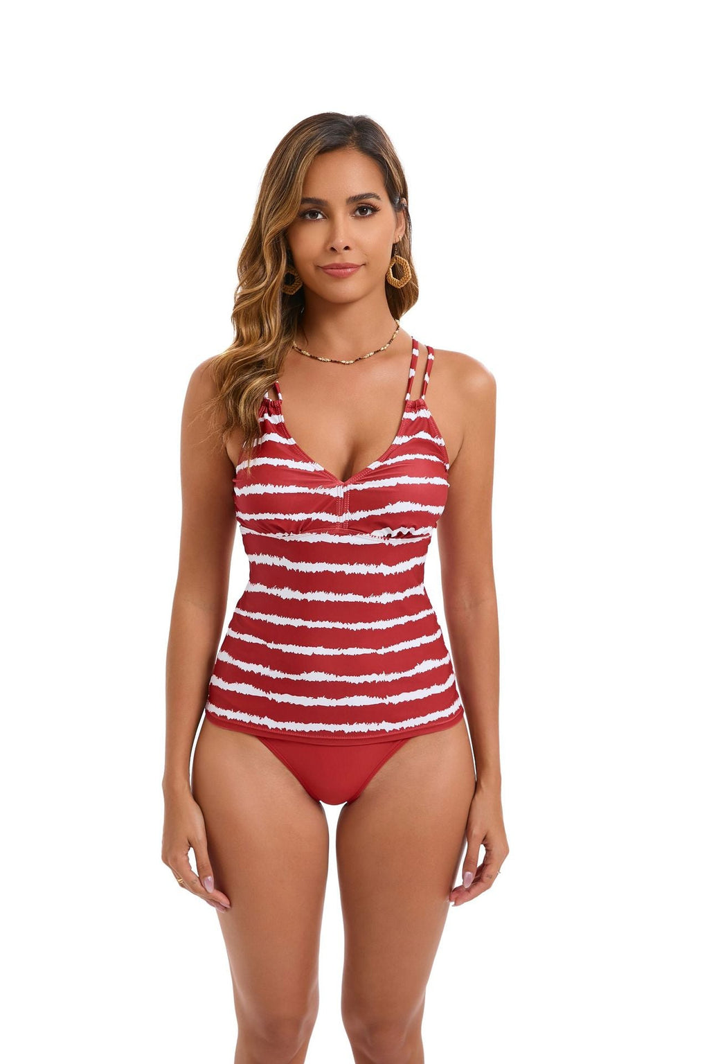Women's tankini with adjustable straps and elegant striped pattern, size