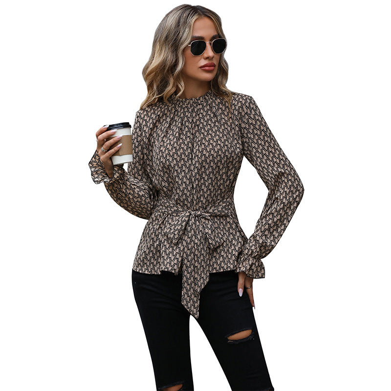 Women's blouse with elegant wrap design and decorative ruffle details, size