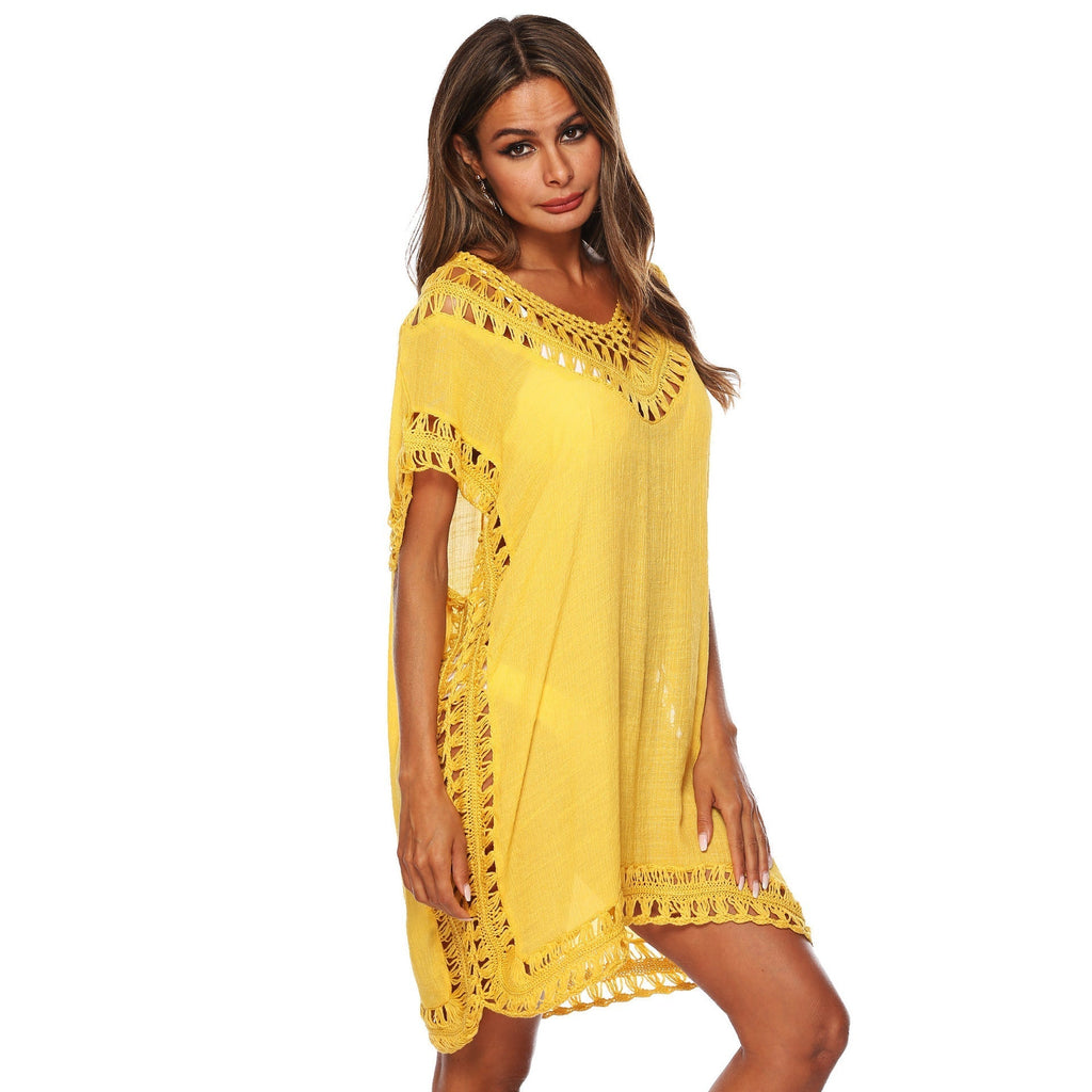 Women's beach tunic with artistic crochet embellishments, size Valenzora