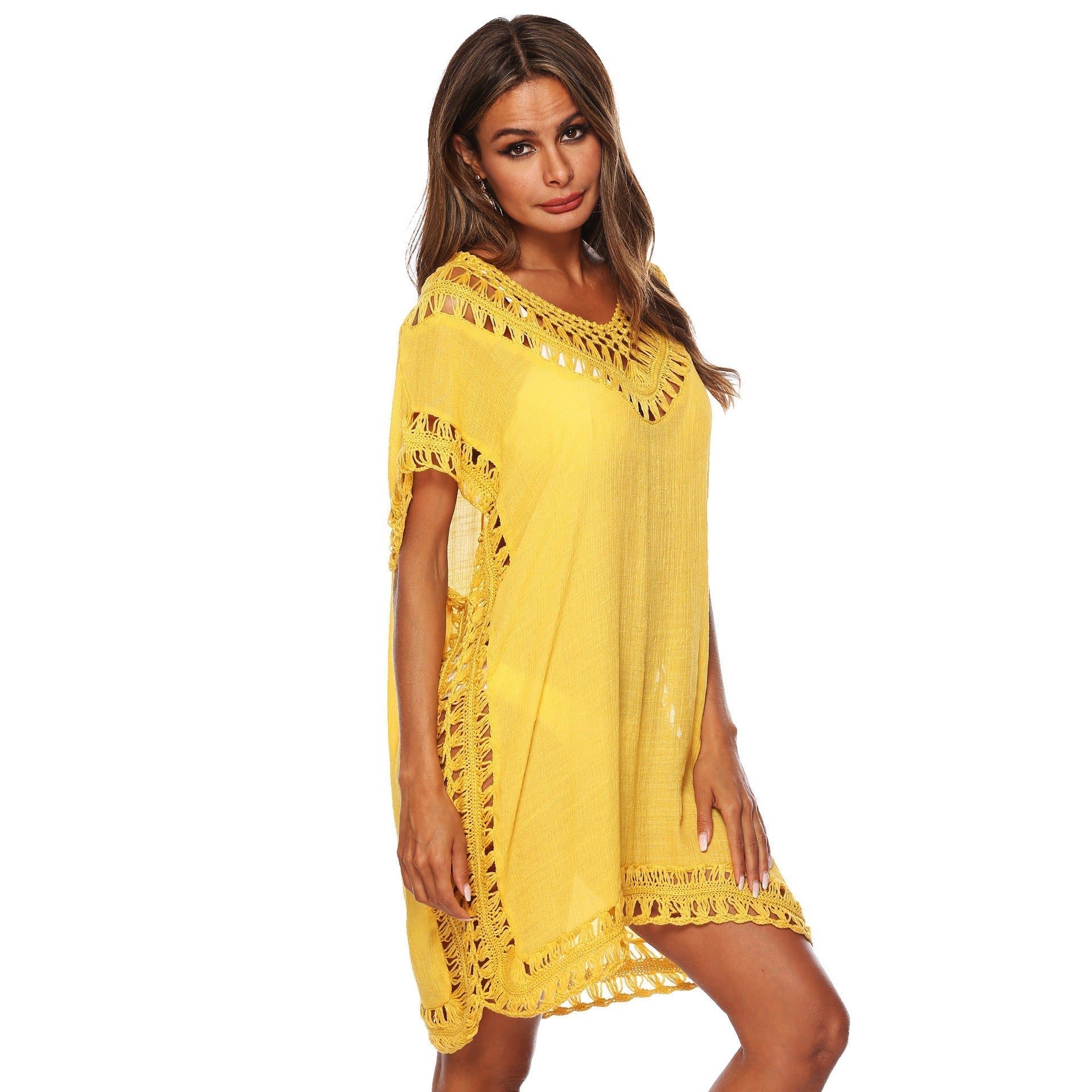 Women's beach tunic with artistic crochet embellishments, size Valenzora