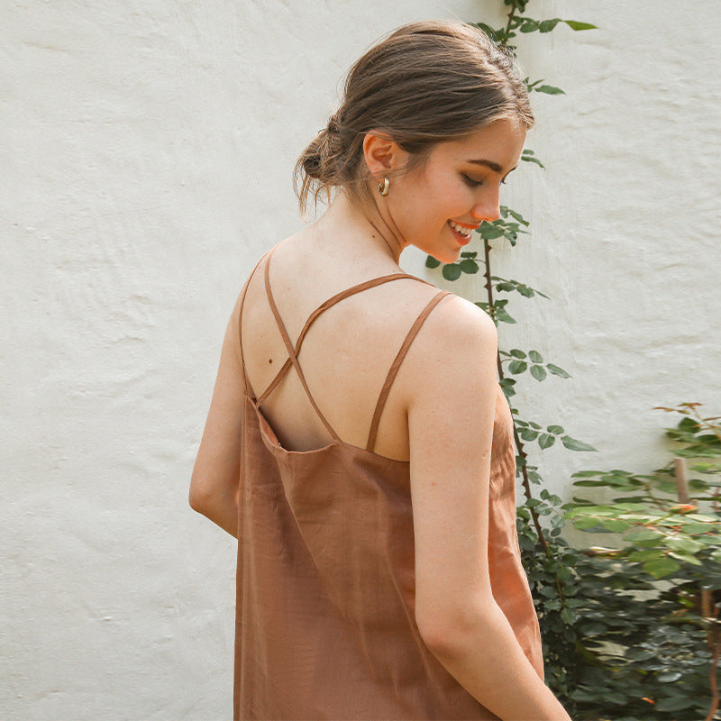 Elegantes Leinenkleid für Damen mit verstellbaren Spaghettiträgern und fließendem Schnitt, Größe S