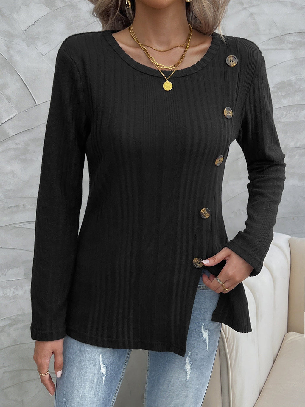Valenzora Black round neck slanted button knit top