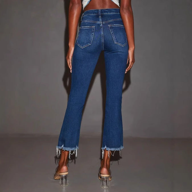 Women's flared jeans with frayed hem and casual distressed effect, size S