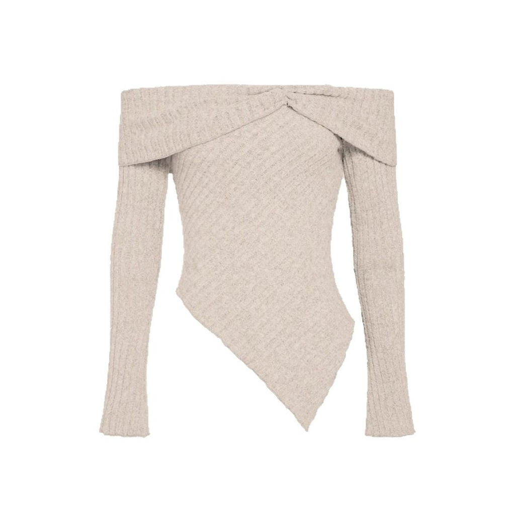 Women's off-the-shoulder ribbed knit top with asymmetrical hem and decorative details, size Valenzora