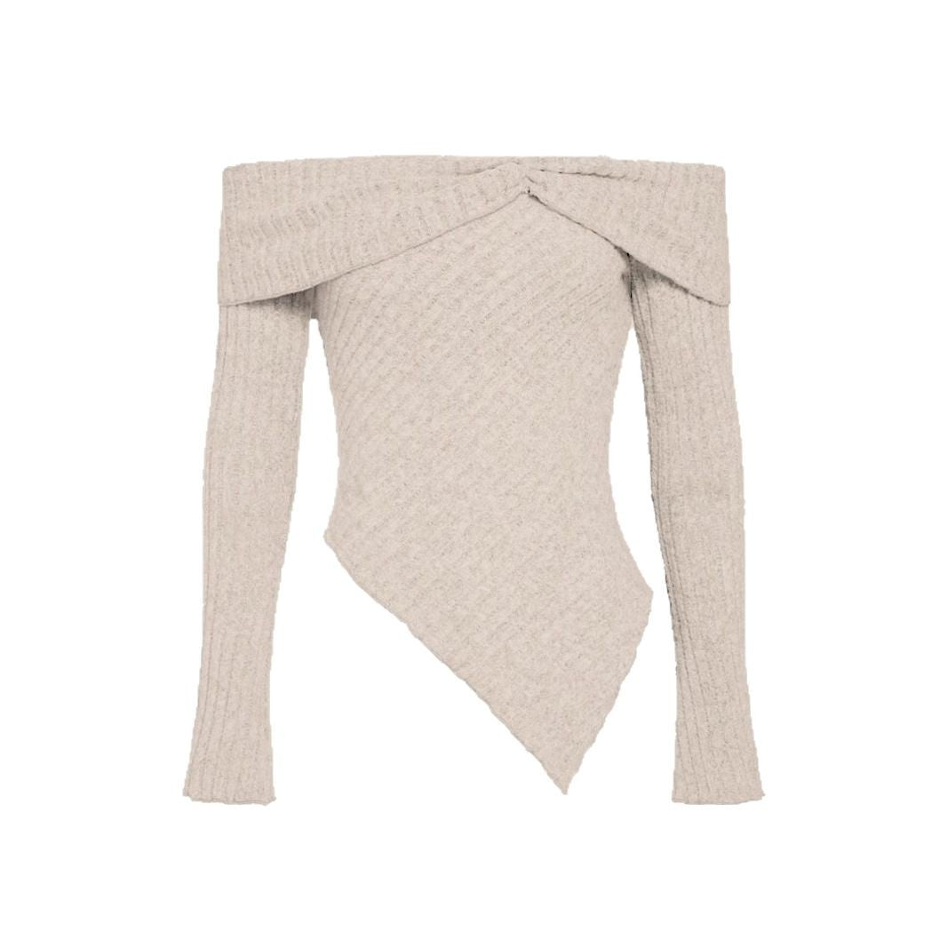 Women's off-the-shoulder ribbed knit top with asymmetrical hem and decorative details, size Valenzora