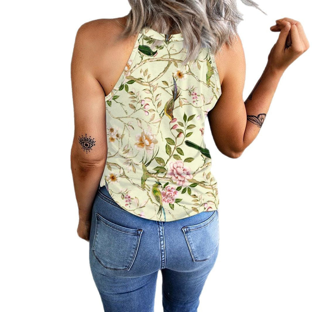 Women's sleeveless floral shirt with high collar, size