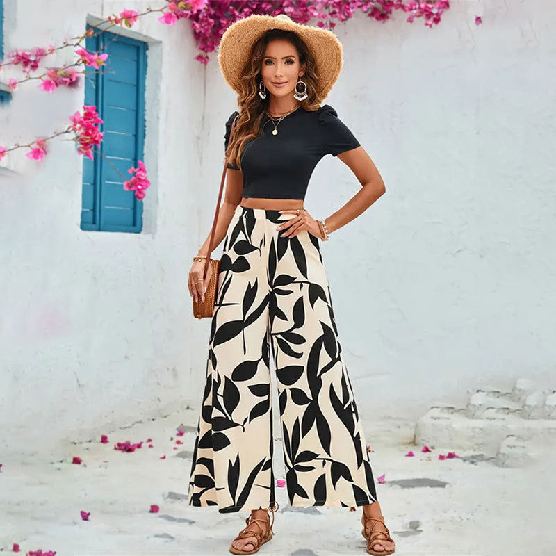 Elegante Damen-Hose mit weitem Bein und Blumenmuster in Größe