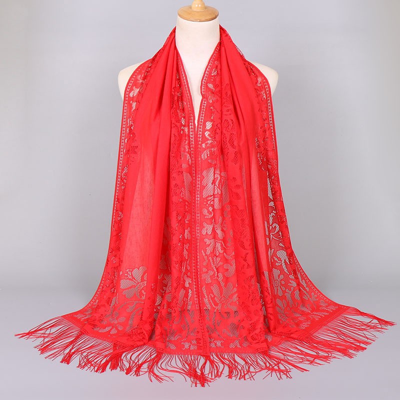 Women's long lace scarf with fringed edges, size