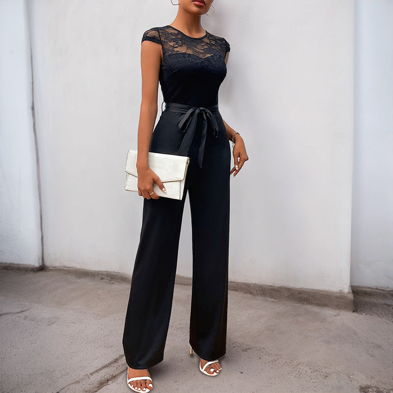 Women's jumpsuit with elegant lace top and adjustable belt, size S