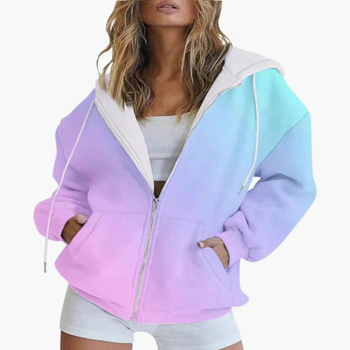Women's hooded jacket with gradient color scheme and deep pockets, size