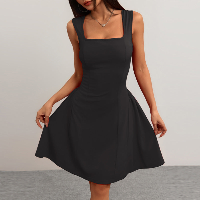 Women's A-line dress with square neckline and lined skirt, size