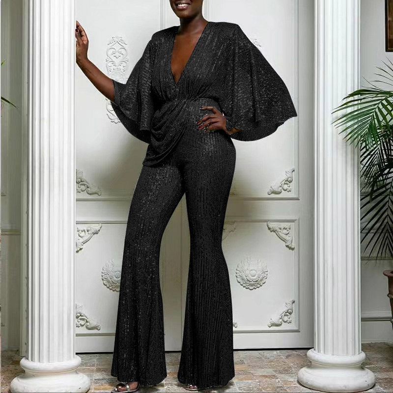 Valenzora | Sequin Deep V Backless Long Pants Jumpsuit