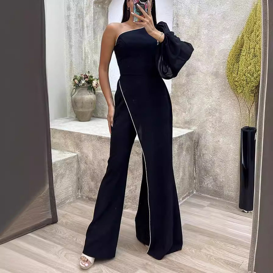 Women's elegant jumpsuit with asymmetrical cut and voluminous arm detail, size [size]
