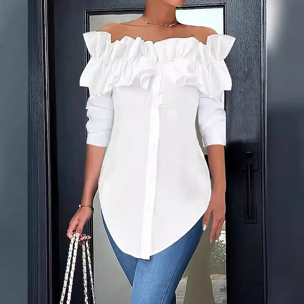 Damenbluse mit schulterfreiem Design und voluminösen Rüschendetails, Größe [Größe fehlt]